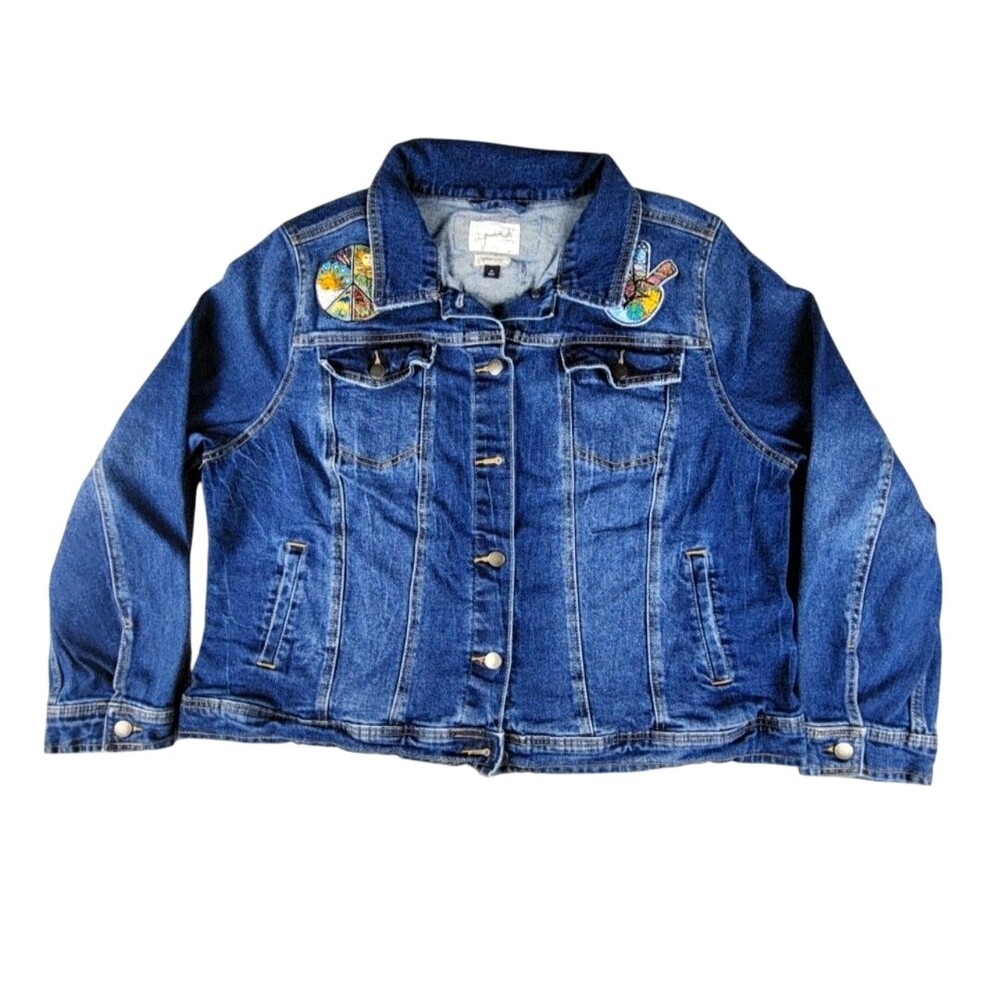 Universal Thread Jacket Womens 2X Blue Denim Freeborn Peace Patch Hippie Boho